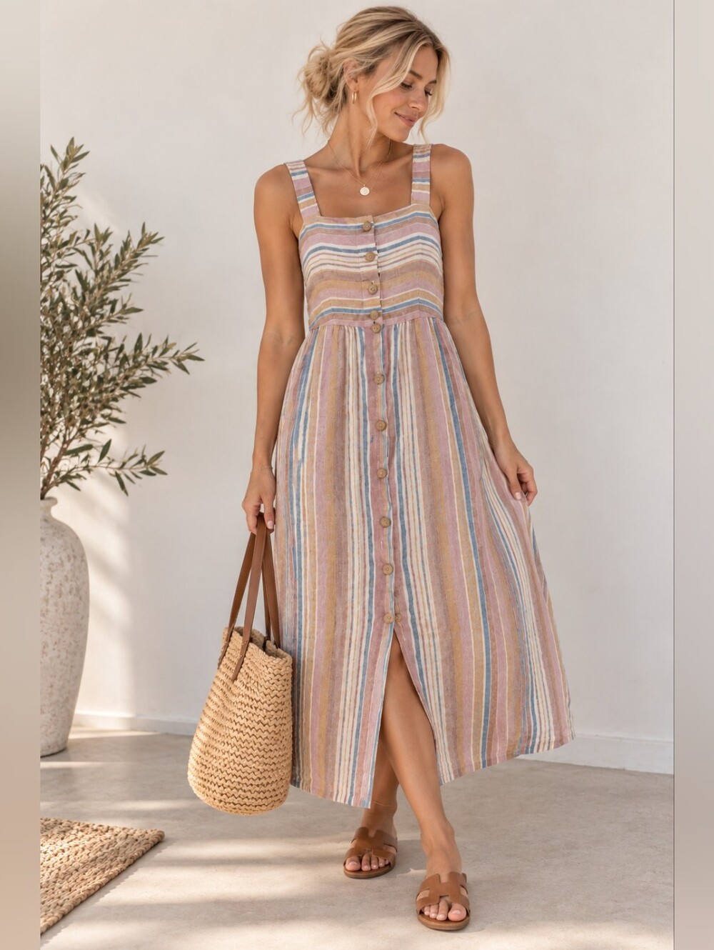 C&C California 100% Linen Button Front Dress Pastel Striped Maxi Midi Boho S